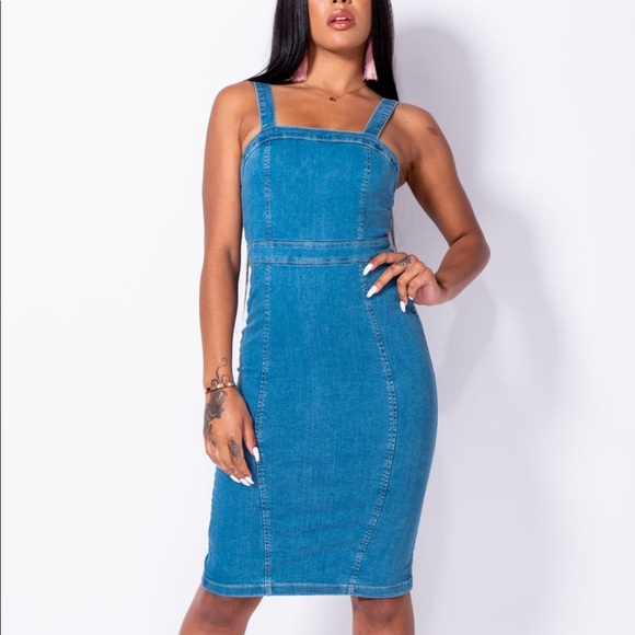 Mid Blue Stretch Denim Bodycon Midi Dress - Picture 4 of 8